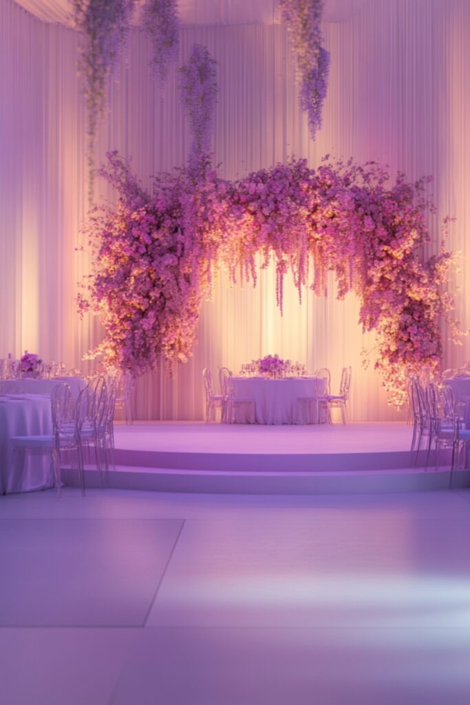 Pastel lighting setups, like soft pink and lavender uplighting, in alt text for better visualization.