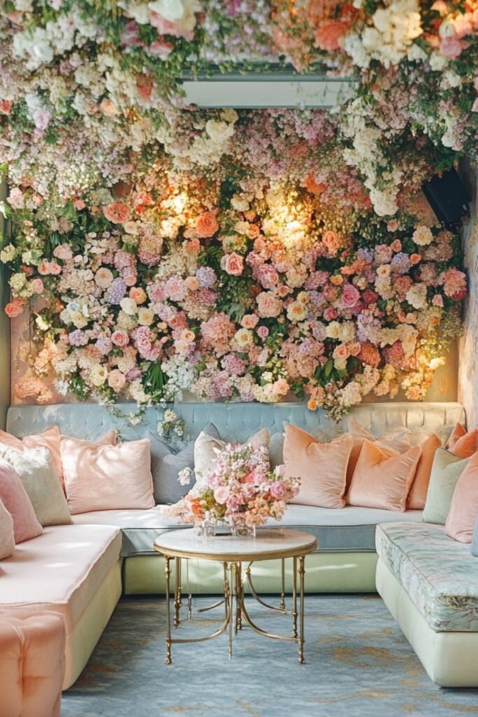 A lounge area with pastel sofas and cushions accented by floral arrangements.
