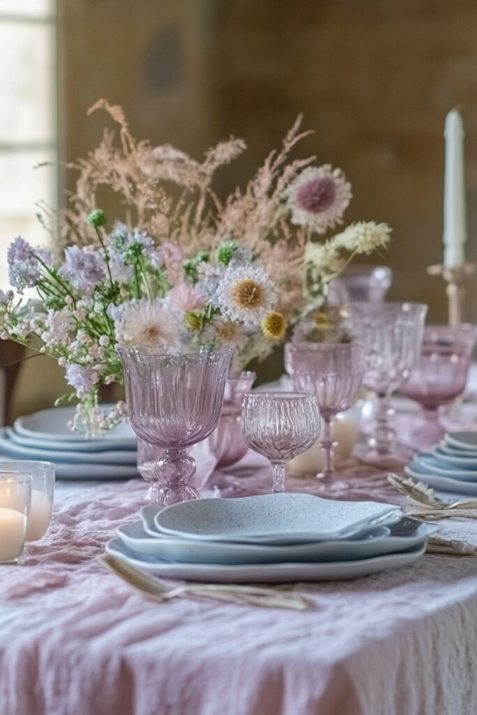 A table setting with pastel linens, candles, and glassware to provide a clear visual representation for all readers.