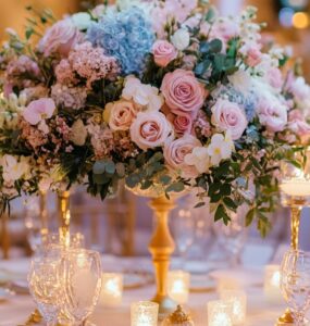 A romantic wedding scene featuring pastel-colored floral arrangements, soft lighting, and elegant table settings, illustrating the timeless charm of pastel-themed wedding decor.