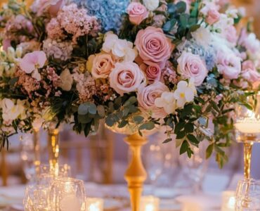 A romantic wedding scene featuring pastel-colored floral arrangements, soft lighting, and elegant table settings, illustrating the timeless charm of pastel-themed wedding decor.