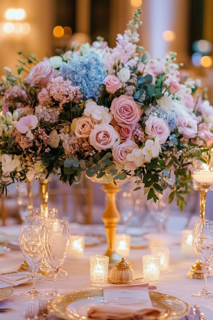 A romantic wedding scene featuring pastel-colored floral arrangements, soft lighting, and elegant table settings, illustrating the timeless charm of pastel-themed wedding decor.