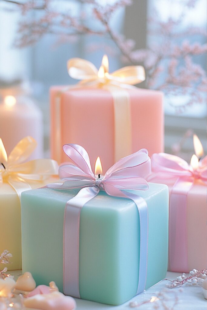 Pastel-colored candles or soaps wrapped in coordinated ribbons, displayed on a table.