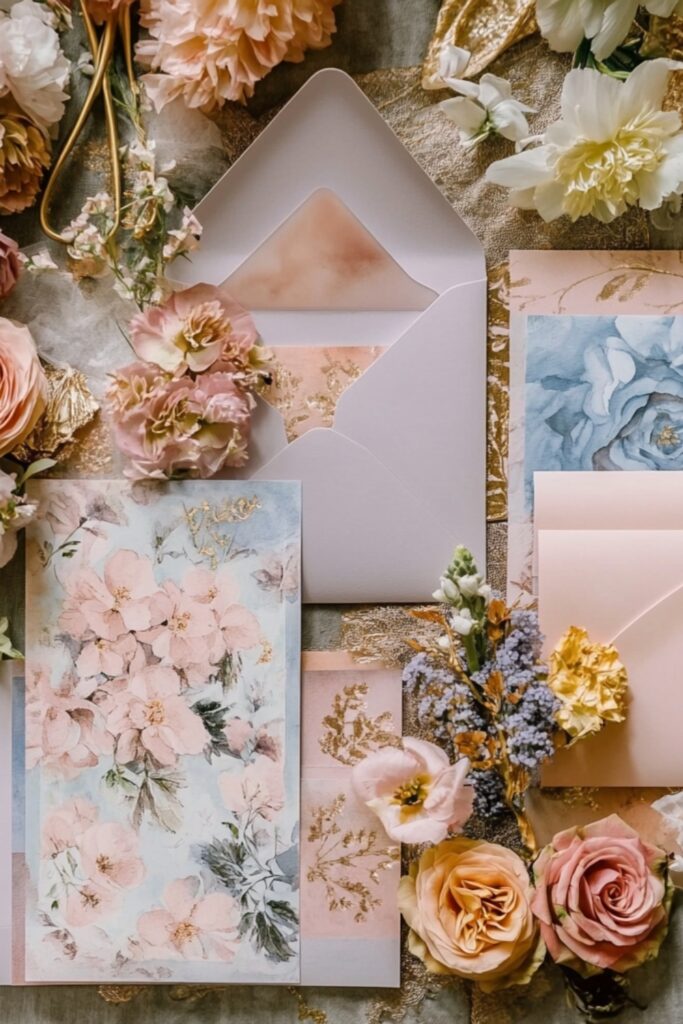 Watercolor pastel invitations with floral motifs and gold accents, for better accessibility.