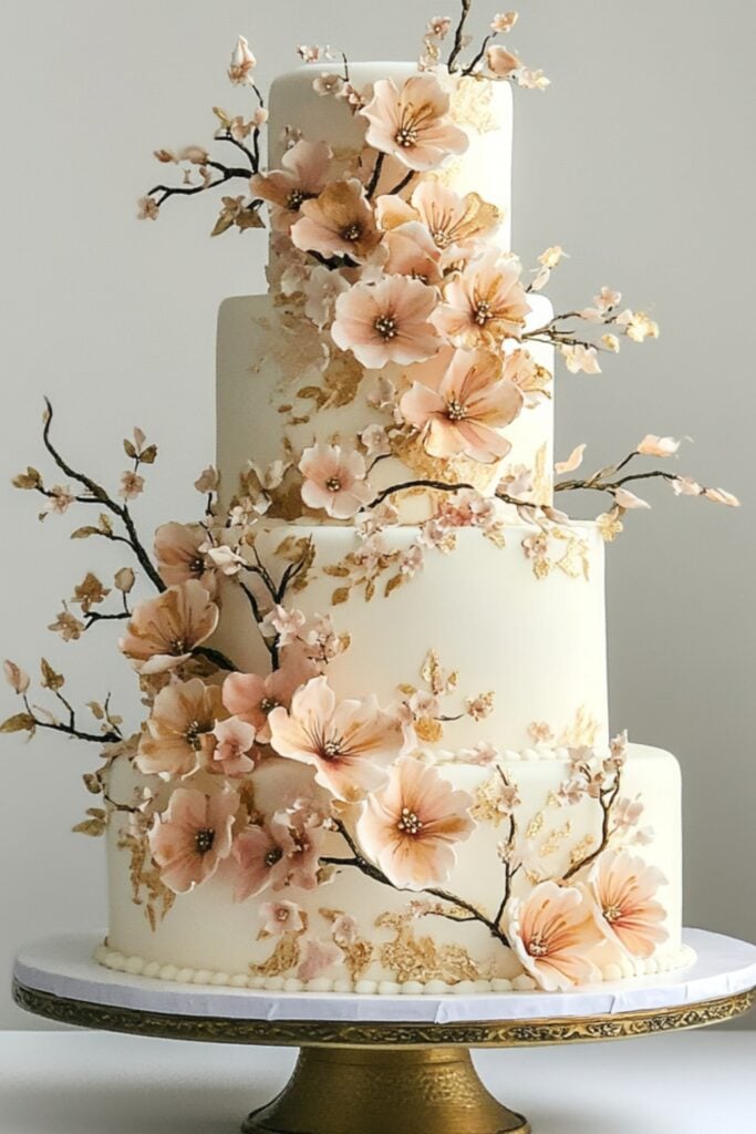 A wedding cake inspired by peach blossoms, with hand-painted blush flowers and gold accents, featuring peach and cream flavors inside.