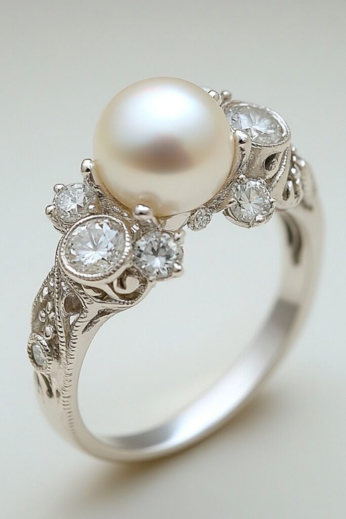 Elegant pearl-accented wedding ring featuring a central pearl with diamond side stones on a platinum band.