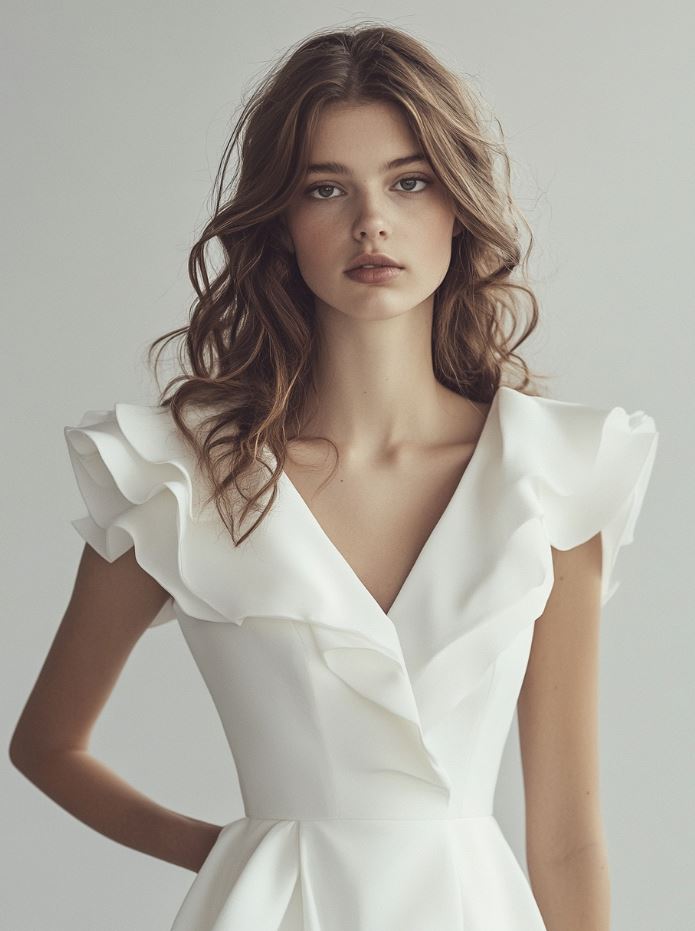 A wedding dress with a peplum detail around the waist, featuring a flared or ruffled overlay. The peplum adds volume and shape to the gown, creating an elegant, structured silhouette. This style enhances the bride’s curves, offering a contemporary twist on traditional bridal looks, making it a flattering and fashionable choice.