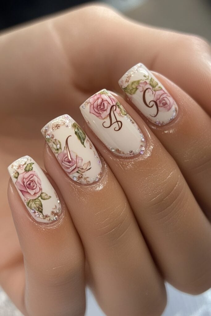 Nails with personalized designs, including initials and subtle wedding motifs, painted on neutral bases with soft color accents.