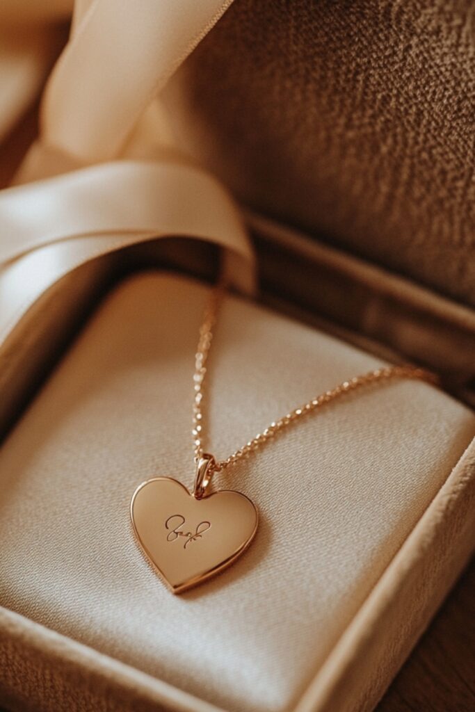 Close-up of a delicate gold necklace with a heart-shaped pendant engraved with initials, resting on a jewelry box adorned with a satin ribbon.
