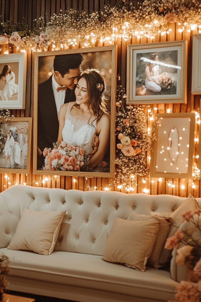 A photo wall featuring framed couple pictures, fairy lights, wooden initials, and floral garlands, creating a nostalgic and decorative focal point.