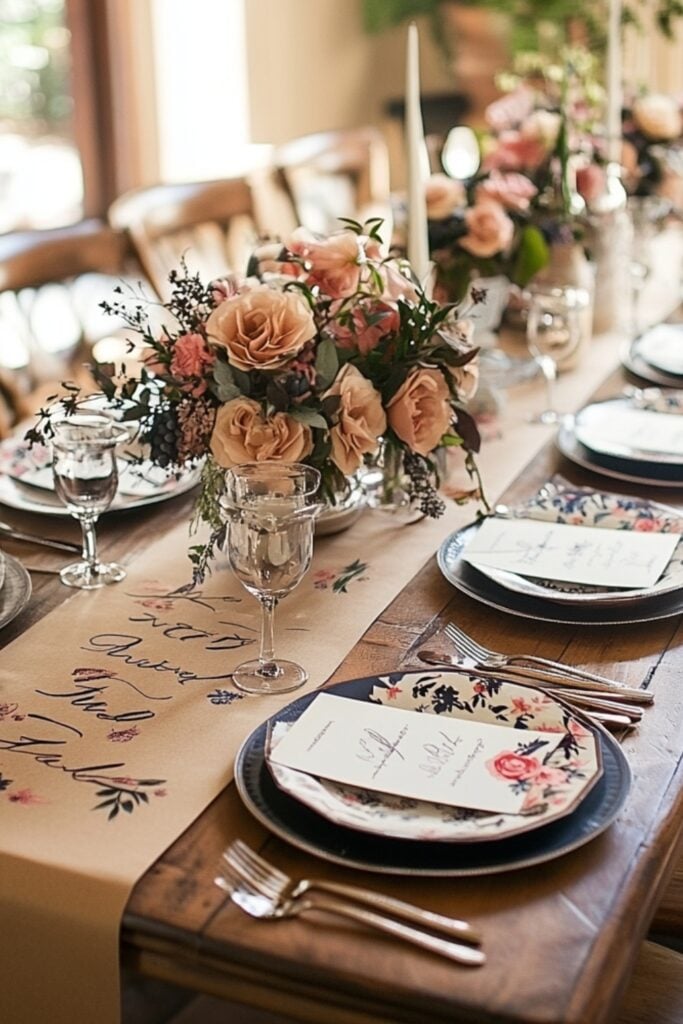A table set with a handwritten kraft paper table runner, decorated with floral patterns and custom messages for a personal touch.