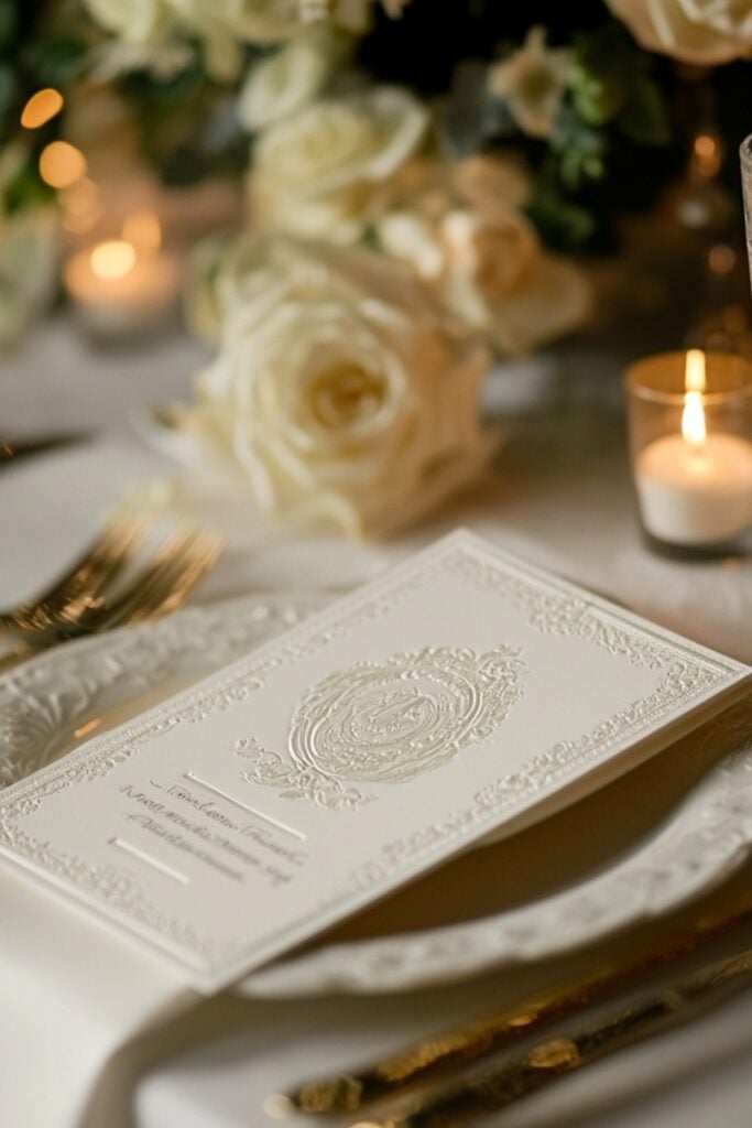 Monogrammed place cards and menus featuring embossed details and family crests, adding personal elegance to a wedding table.