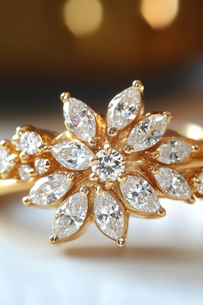 Petal-shaped diamond wedding ring with marquise-cut diamonds arranged in a floral design on a gold band.