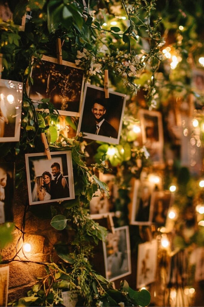 A creative photo display wall with string lights, clothespins, and photos of the couple, framed by greenery and ribbons.