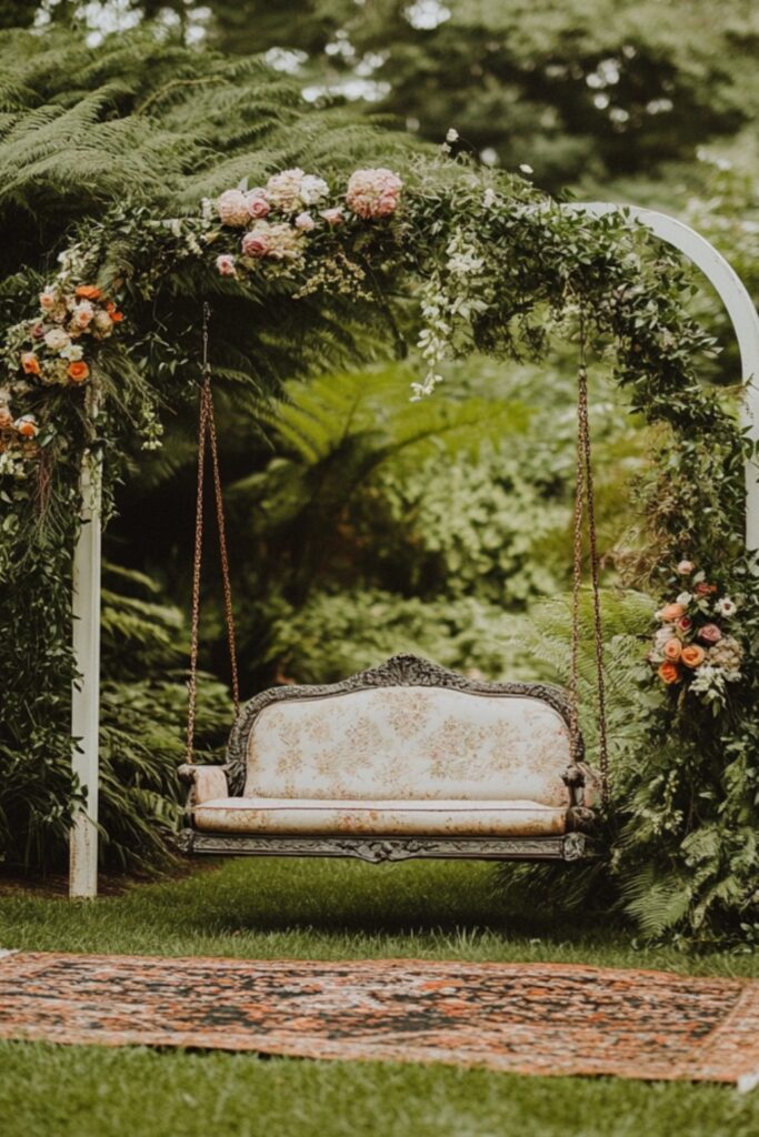 A backyard wedding photography spot featuring a floral arch and vintage swing surrounded by lush greenery.