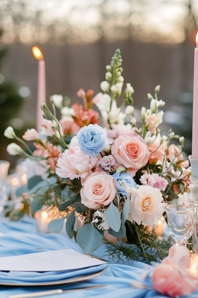 A charming February wedding scene with pink and blue table linens, pastel flowers, and soft candlelight for a romantic winter ambiance.