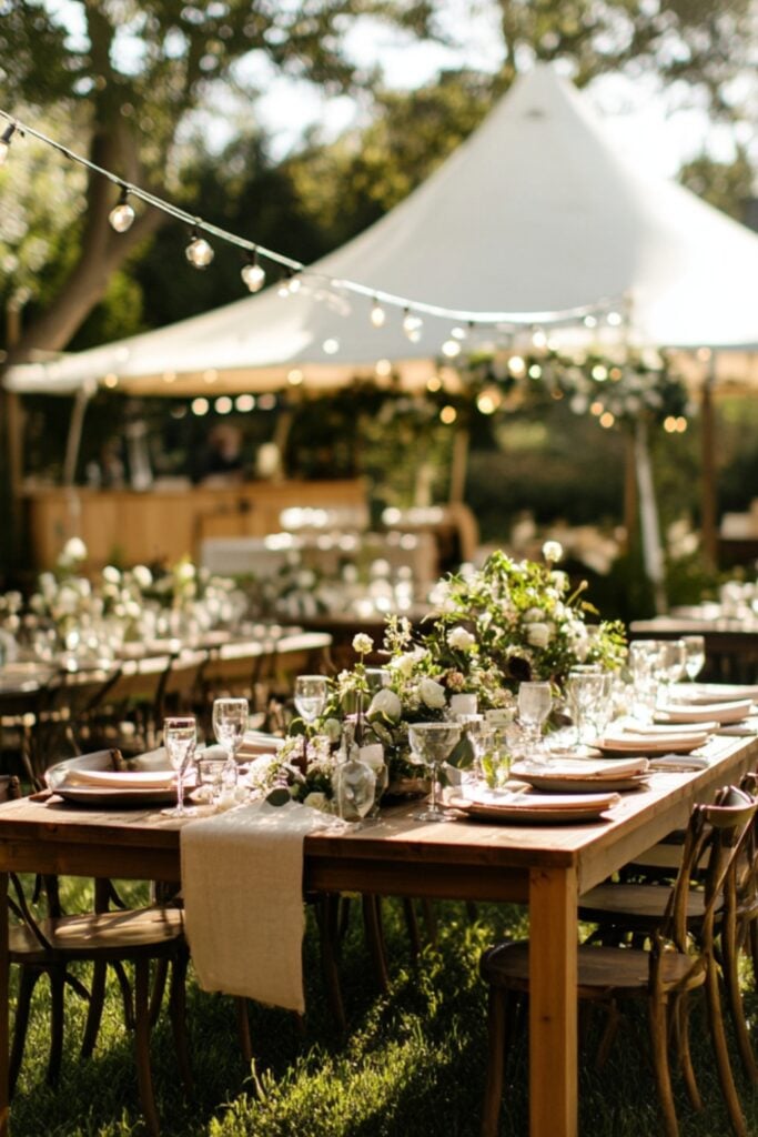 A well-organized backyard wedding setup featuring tables with elegant place settings, a tent for shade, and a professional coordinator overseeing details.