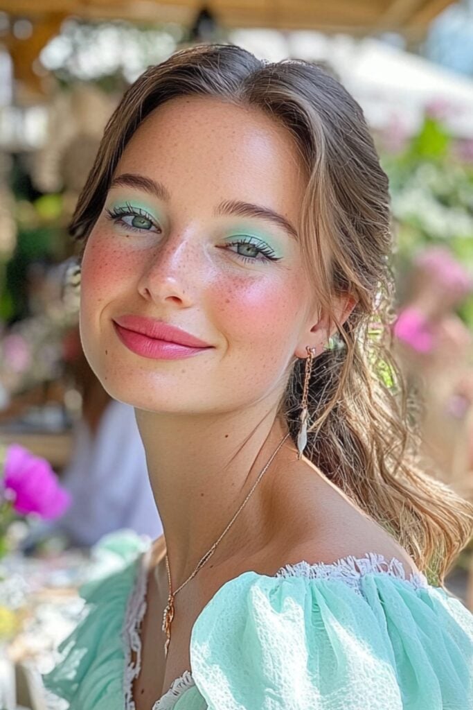 Photo of a guest at a garden wedding, wearing whimsical pastel eyeshadow in lavender and mint green, paired with rosy cheeks and glossy pink lips.