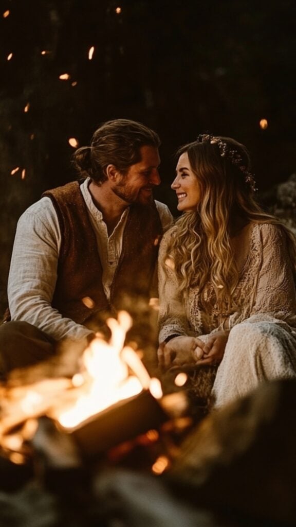 Couple sitting by a roaring bonfire, surrounded by rustic Viking-inspired decor, during an intimate and romantic proposal.