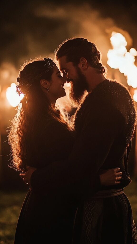 Viking festival proposal with a couple in historical costumes surrounded by fire-lit settings and Norse-themed music.