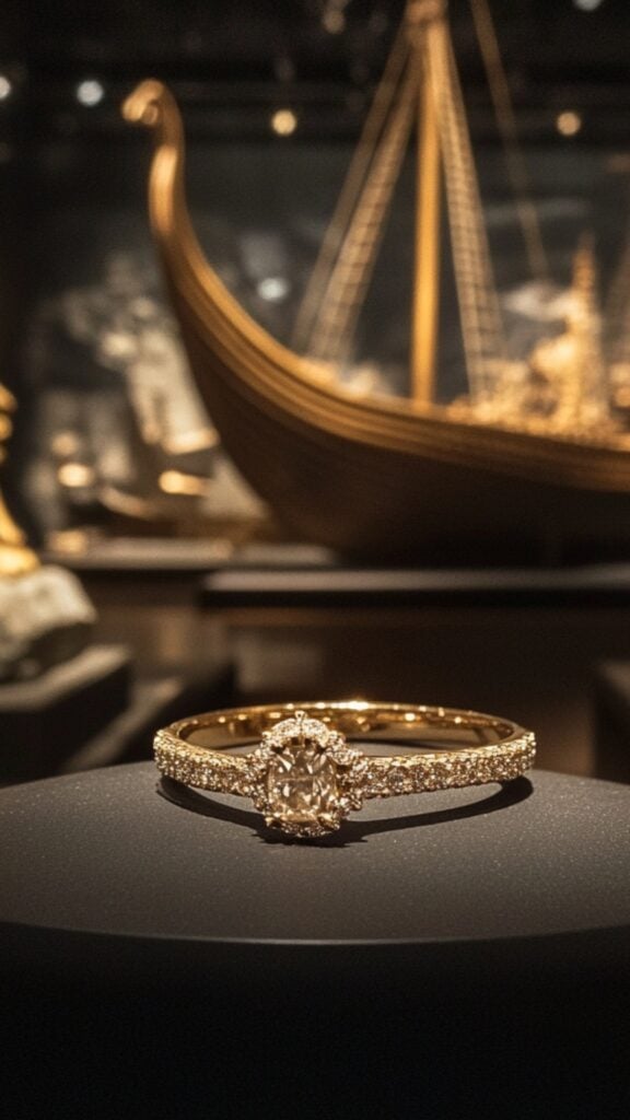 Engagement ring presented at a Viking ship museum, with ancient artifacts and majestic ships as the backdrop.