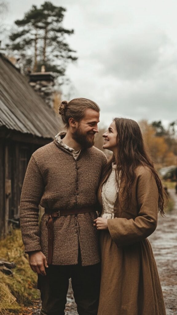Couple standing in a reconstructed Viking village near wooden longhouses, celebrating their engagement with authentic Viking traditions.