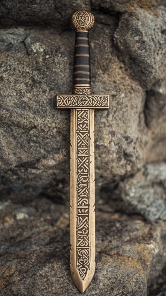 Engraved Viking sword with runic symbols presented as part of a bold and romantic proposal in a historic setting.