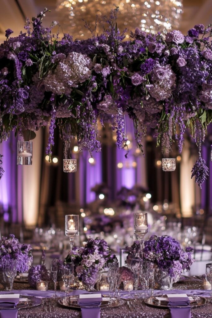 A luxurious February wedding setting featuring deep purple florals, lavender accents, and silver decor for a regal and romantic vibe.