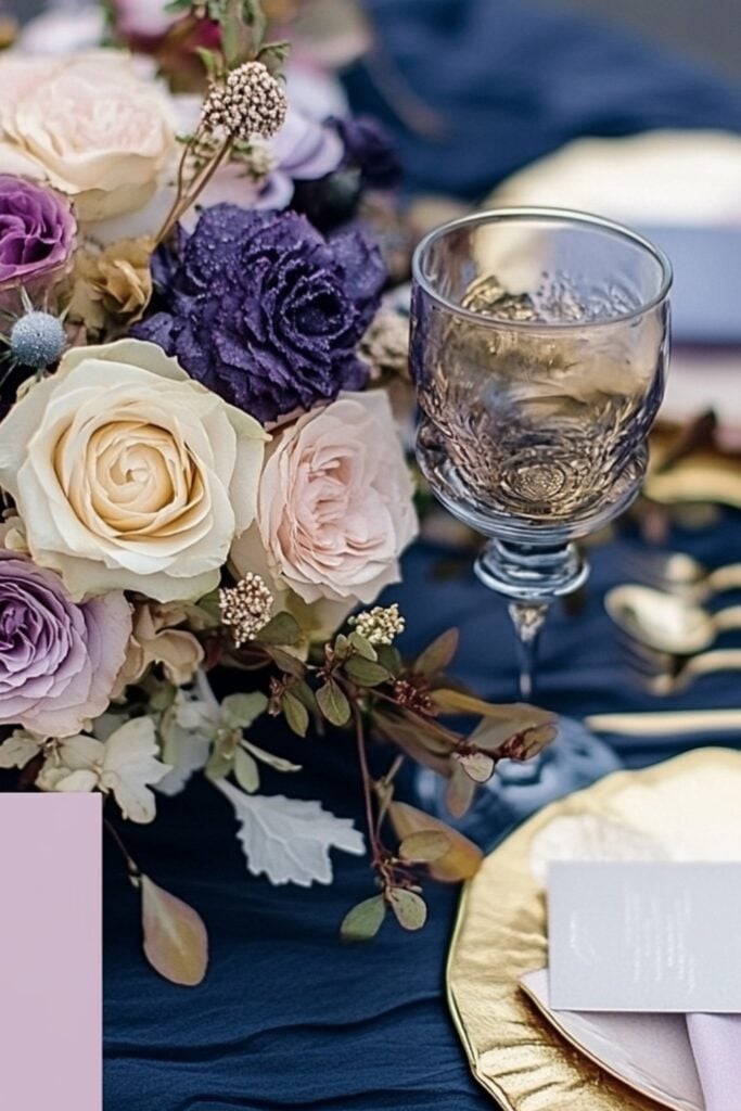 A beautifully coordinated February wedding palette with hues of deep purple, blush pink, icy blue, and soft gold accents for a cohesive theme.