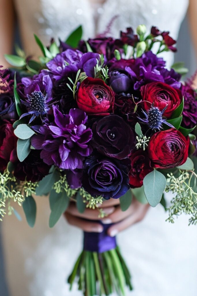 A striking February wedding bouquet featuring deep purple flowers and lush greenery, creating a vibrant and elegant contrast.