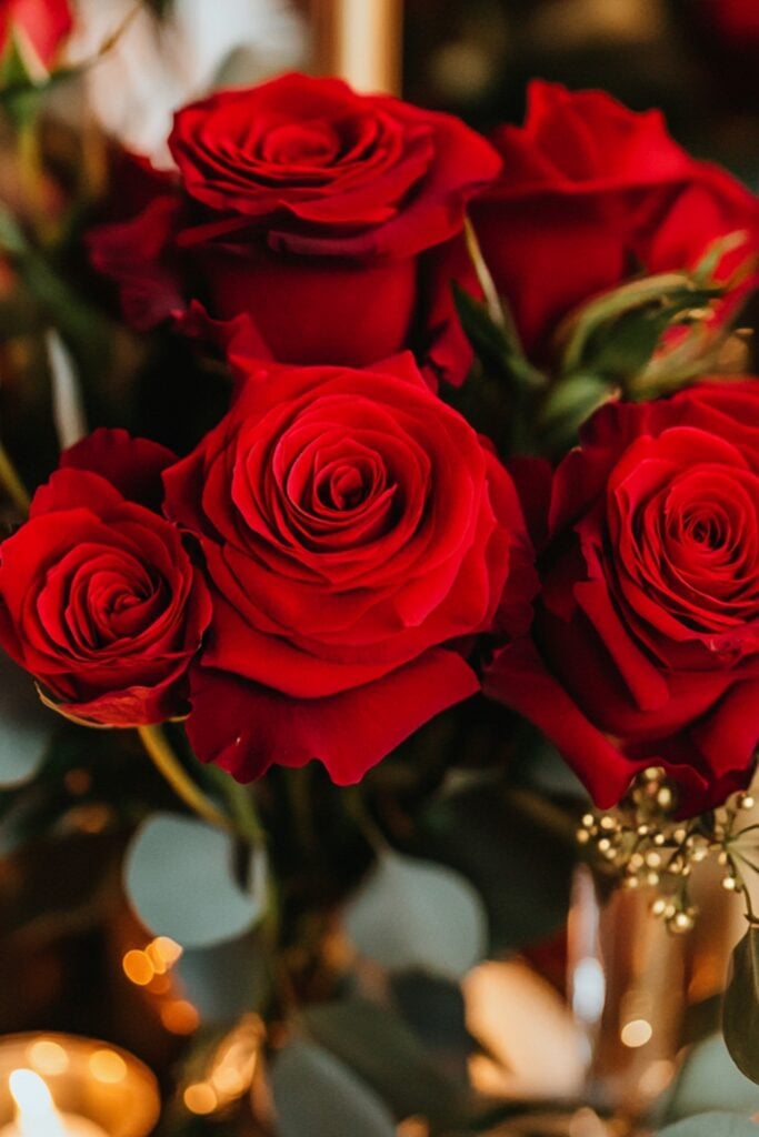 Vibrant red roses arranged in a bridal bouquet, paired with gold decor elements, creating a passionate and bold February wedding aesthetic.
