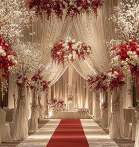 An elegant wedding setup with a red and ash grey color scheme, featuring a beautifully decorated aisle, floral arrangements, and a modern romantic atmosphere.