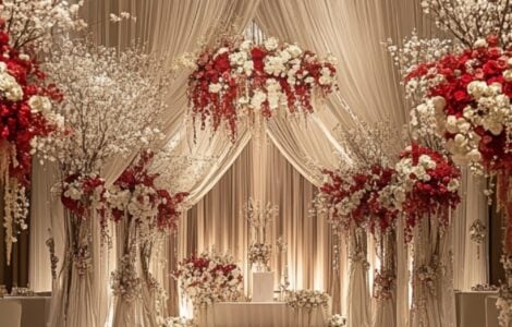 An elegant wedding setup with a red and ash grey color scheme, featuring a beautifully decorated aisle, floral arrangements, and a modern romantic atmosphere.