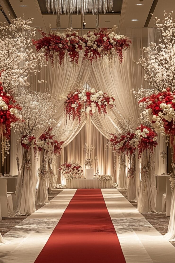 An elegant wedding setup with a red and ash grey color scheme, featuring a beautifully decorated aisle, floral arrangements, and a modern romantic atmosphere.