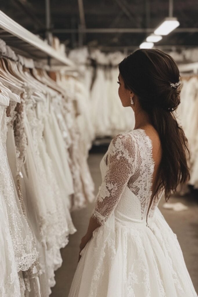 A bride trying on a vintage wedding dress in a thrift store, surrounded by racks of affordable bridal gowns.