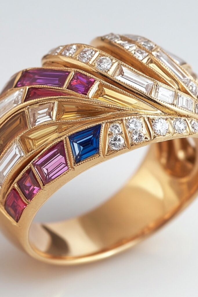 Eye-catching retro wedding band with bold gold designs and sparkling gemstones, exuding 1940s Hollywood style.