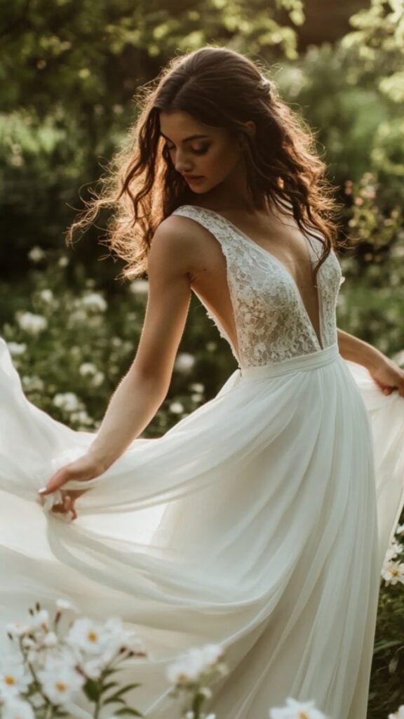 A bride in a flowing empire-waist wedding gown, surrounded by blooming garden flowers, with soft chiffon fabric billowing in the gentle breeze, creating a romantic silhouette.