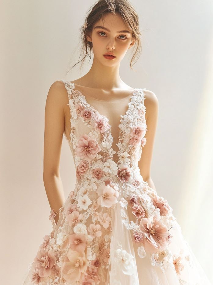 A romantic floral wedding gown adorned with intricate lace and 3D flower embellishments, creating a soft and dreamy aesthetic. The gown, in pastel hues, exudes a nature-inspired charm, ideal for outdoor or spring weddings, offering a feminine, ethereal look that blends modern and traditional elements.