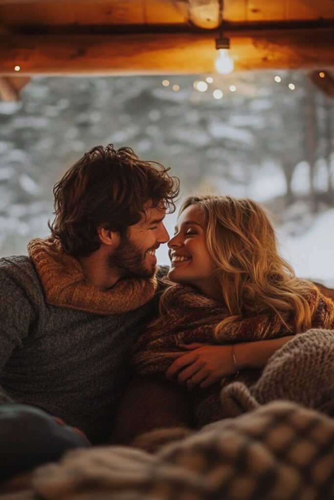 A couple in a cozy mountain cabin.