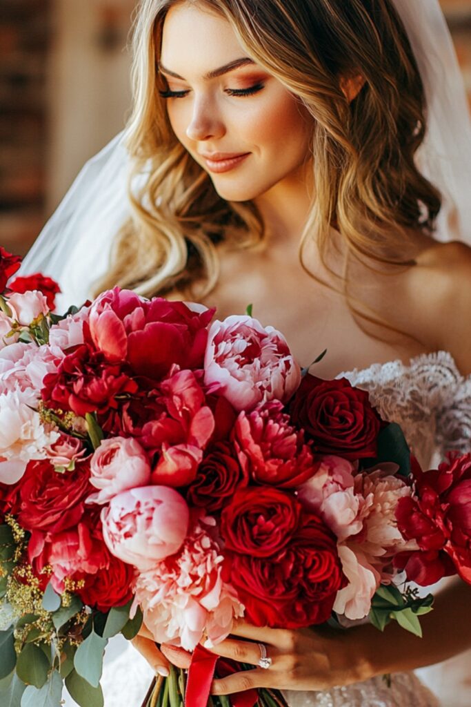 February wedding florals combining red roses and pink peonies, creating a Valentine’s Day-inspired look with vibrant and romantic hues.