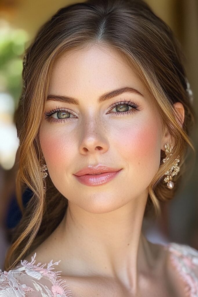 Picture of a guest at a spring wedding, wearing luminous pink-toned makeup with rosy cheeks, mauve eyeshadow, and glossy pink lipstick, exuding elegance.