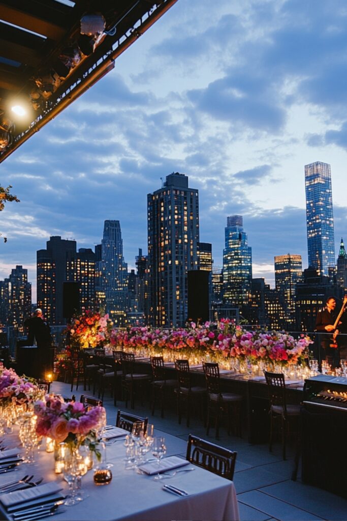 A rooftop wedding reception overlooking a glowing city skyline, featuring elegant table settings, floral decor, and a live music performance.