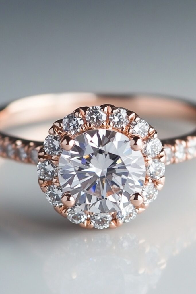 Elegant rose gold wedding ring with a round-cut diamond centerpiece and a sparkling halo setting.