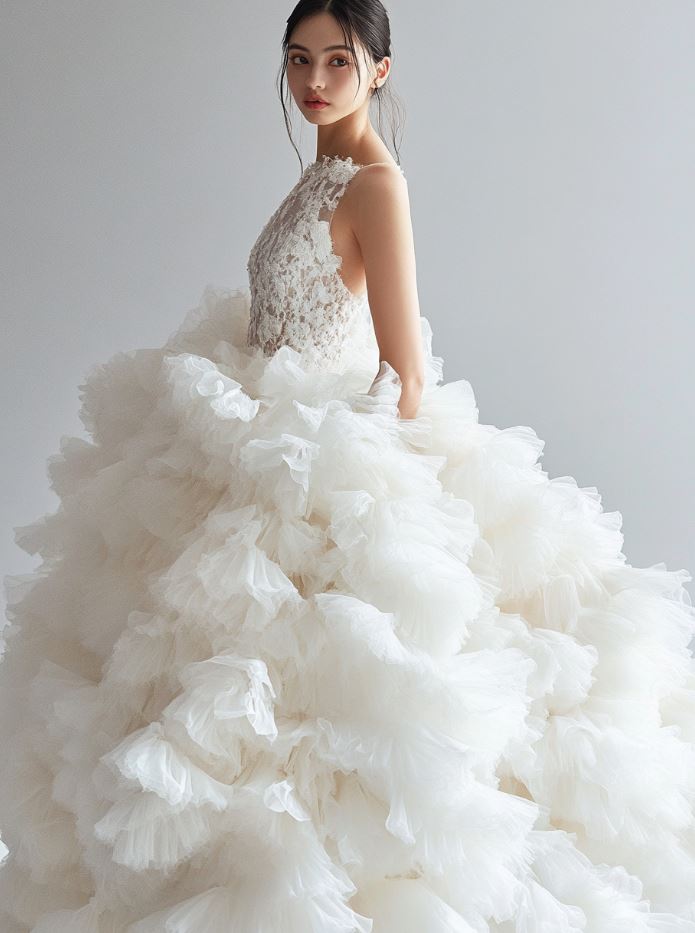 A wedding gown with a voluminous, ruffled skirt that adds texture, drama, and movement to the dress. The ruffles cascade down the gown, creating a whimsical and romantic look perfect for a fairy-tale-inspired wedding. This trend is ideal for brides looking to make a bold, joyful statement while maintaining elegance.