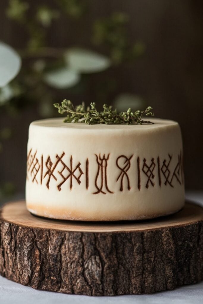A minimalist Viking wedding cake topper featuring Norse runes intricately etched into a wooden base, ideal for rustic weddings.