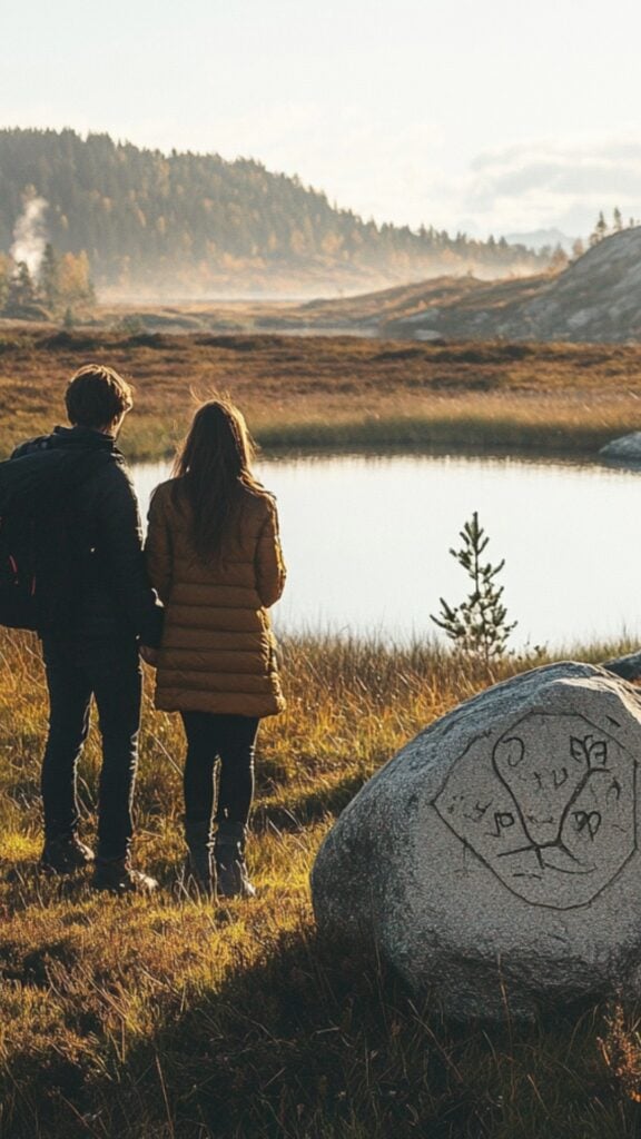 Personalized runestone engraved with a romantic proposal message, presented in a serene Nordic landscape during a couple's hike.