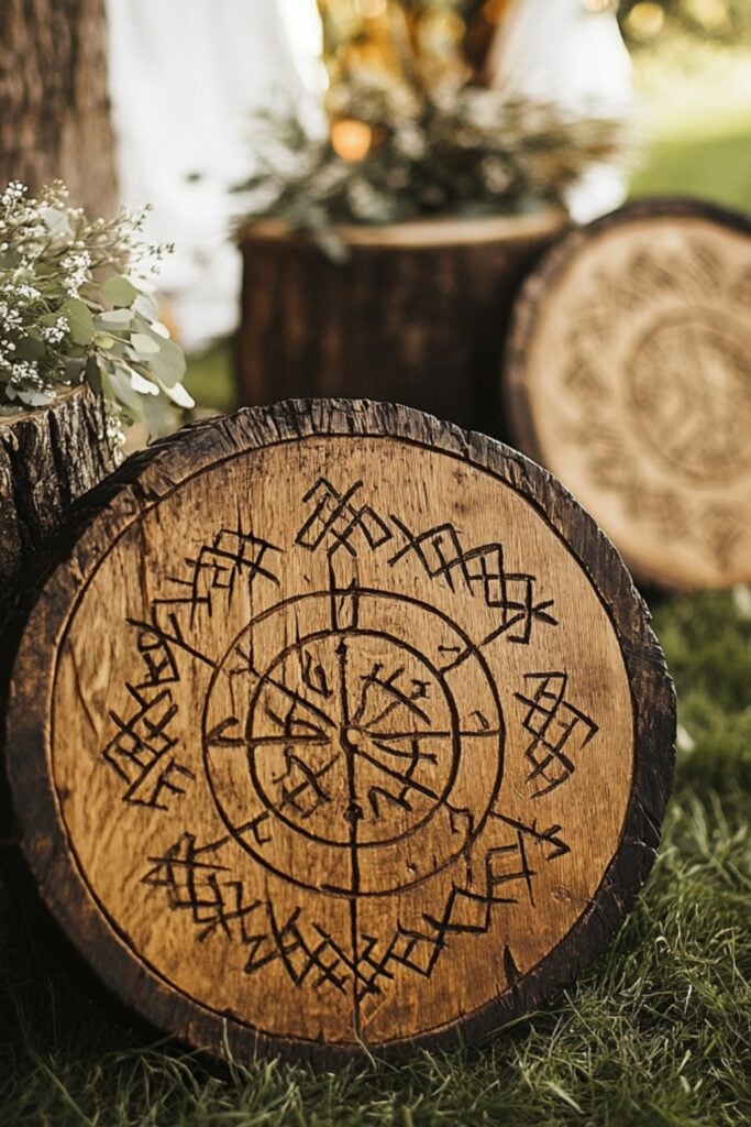 Wooden signs carved with ancient Norse runes, used as creative Viking wedding decor ideas for directions and blessings.