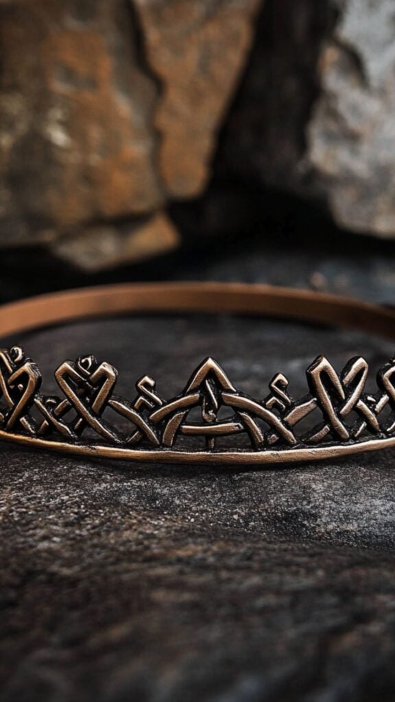 A handcrafted Viking bridal crown featuring inscribed runes, symbolizing love, protection, and prosperity, resting against a backdrop of ancient Norse runestones.