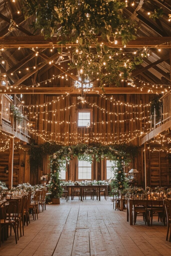 A rustic barn venue decorated with string lights, greenery, and vintage wooden furniture, creating a cozy wedding atmosphere.