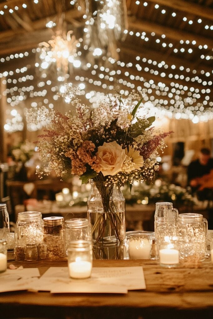 A rustic barn venue adorned with fairy lights, wooden decor, and mason jar centerpieces, with guests enjoying live acoustic music.